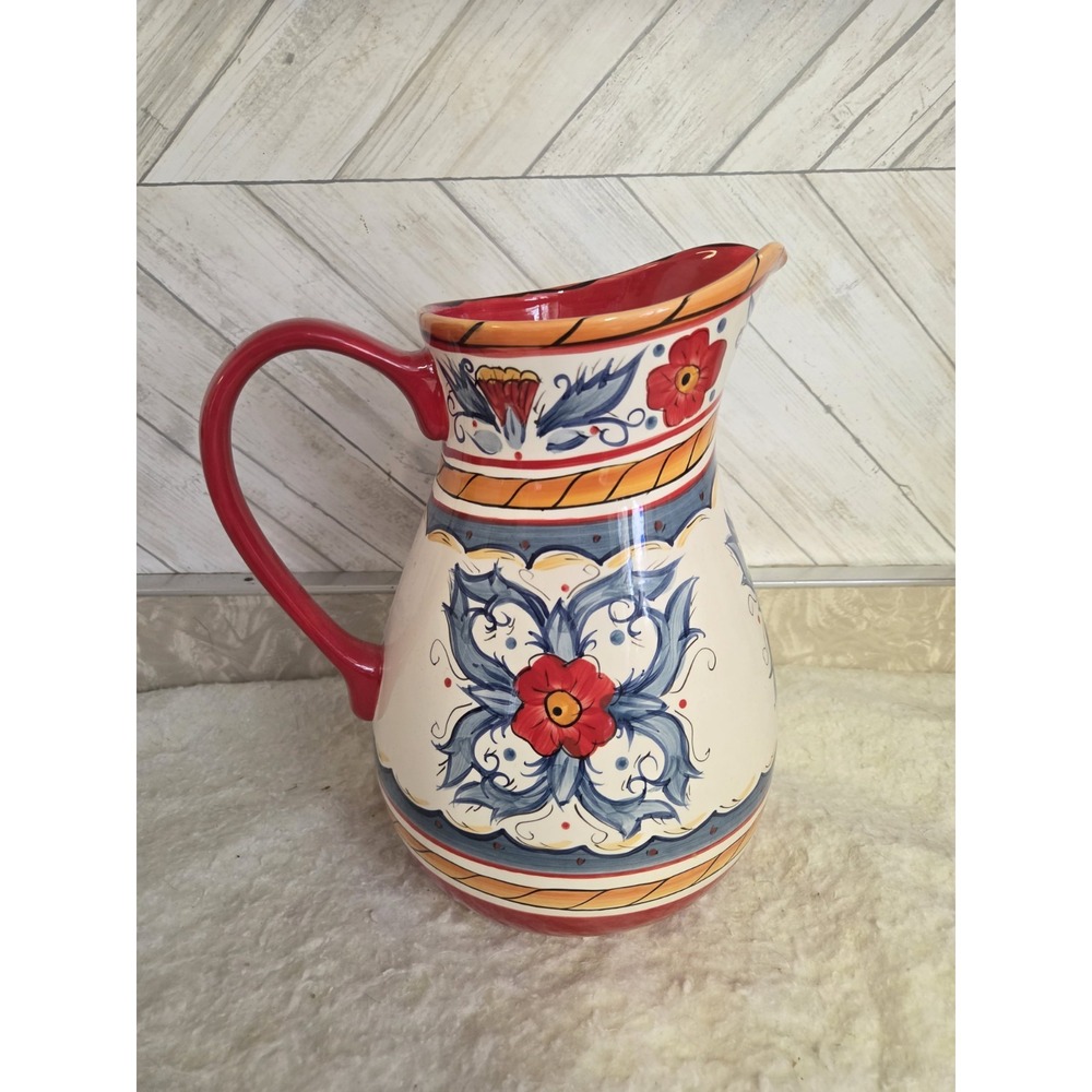 Tabletops Gallery Italiano 12" Pitcher Hand Painted Ceramic Floral W/ BOWL